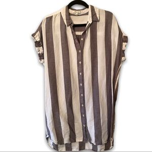 Madewell 1Linen Blend Grey Striped Short Sleeve Dolman Button Up Tunic